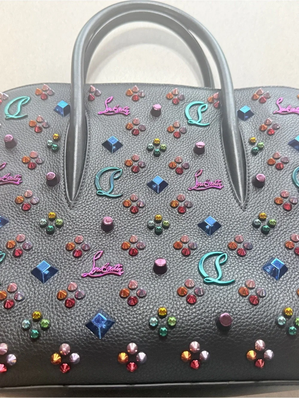 Christian Louboutin Black Pebbled Leather Tote with Multicolor Studs